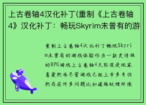 上古卷轴4汉化补丁(重制《上古卷轴4》汉化补丁：畅玩Skyrim未曾有的游戏体验)